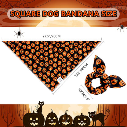 E-Clover Halloween Dog Bandanas & Matching Scrunchie Set Pumpkin Dog Scarf Kerchiefs Pet Outfit for Medium Large Dogs Owner Mom Orange Black Fall