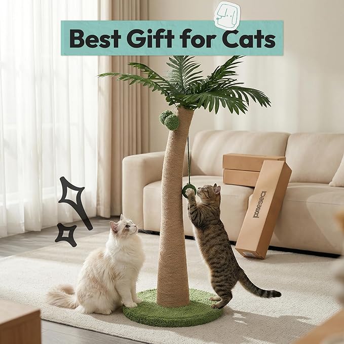Cat Scratching Post 33 Inch with Hanging Balls, Cat Scratcher for Indoor Kittens, Ultra Stable Base, Paw-Friendly Jute Material, S
