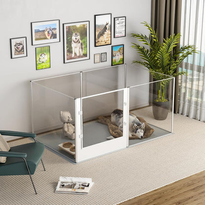 Dog Clear Playpen Fence Kennel: 32" Extra Tall Puppy Birthing Enclosure with Waterproof Fertility Pad - 64"x43" Pet Heavy Duty Play Pin Corral with Transparent View and Lockable Door for Dogs Bunny