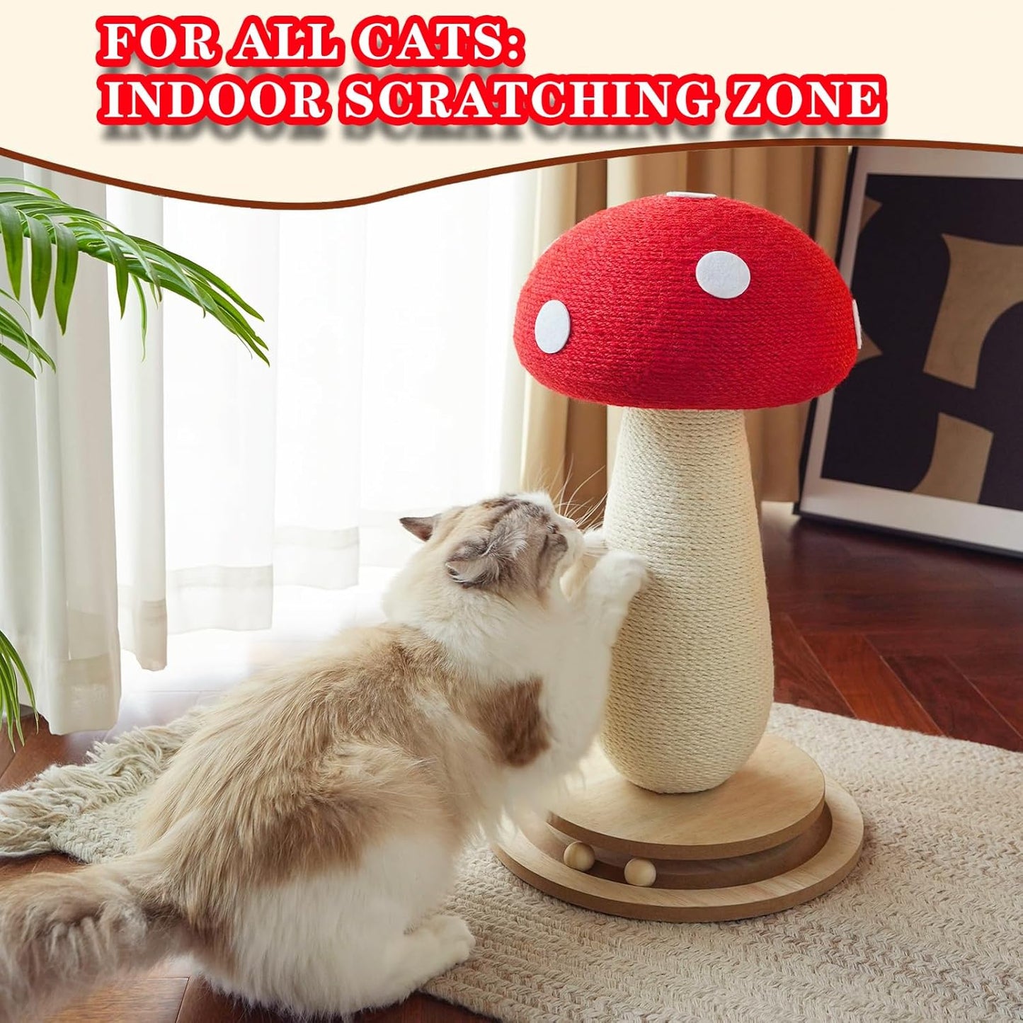 Cat Scratching Post Mushroom Cat Tree with Natural Sisal, Weighted Base & Interactive Ball - for Kittens to Adult Cats - Perfect for Indoor Cats (Red, Large 21 in, 7)