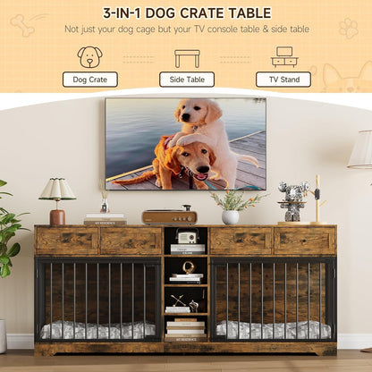 GarveeHome 82” Double Dog Crate Furniture, Large Dog Kennel Indoor for 2 Dogs, Heavy Duty Wooden Dog Crate TV Stand with 4 Drawers and Shelves, Brown