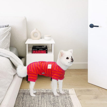 TONY HOBY Female/Male Dog Pajamas, Dog Jumpsuit 4 Legged Pajamas with Stripes, Soft Cotton for Comfortable Sleep (Rose Red&Orange, Boy, XS)