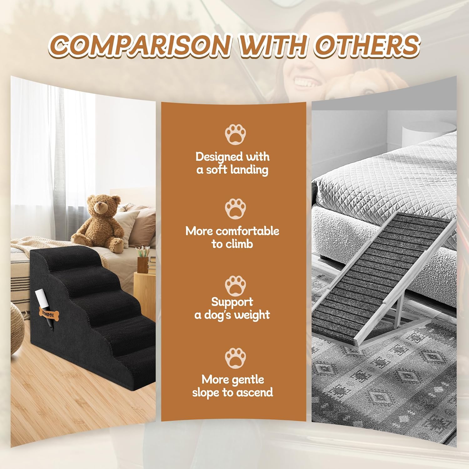 Dog Stairs, Romrol Dog Steps Ramp for High Bed and Couch, Dogs Ramp with Durable Non-Slip Waterproof Fabric Cover, Pet Stairs for Small Dogs and Cats or Pets Joints, 4-TiersBlack - Pawvie