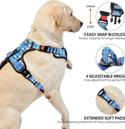 NESTROAD No Pull Dog Harness with Leash, Reflective No Choke Pet Vest Harness,Adjustable Soft Padded Dog Harness with Easy Control Handle for Large Dogs(Checkered Blue,Large)