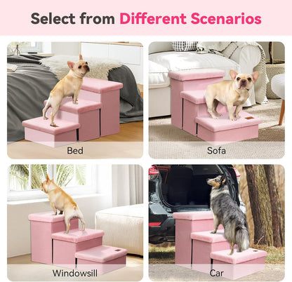 Dog Stairs with Furry Lids 18" H, 3-Step Wider Dog Steps with Storage for Small/Medium/Large Dogs Cats, Folding Sturdy Pet Stairs Climbing Bed or Sofa, Ramp for Car Hold Up to 200 lbs, Pink