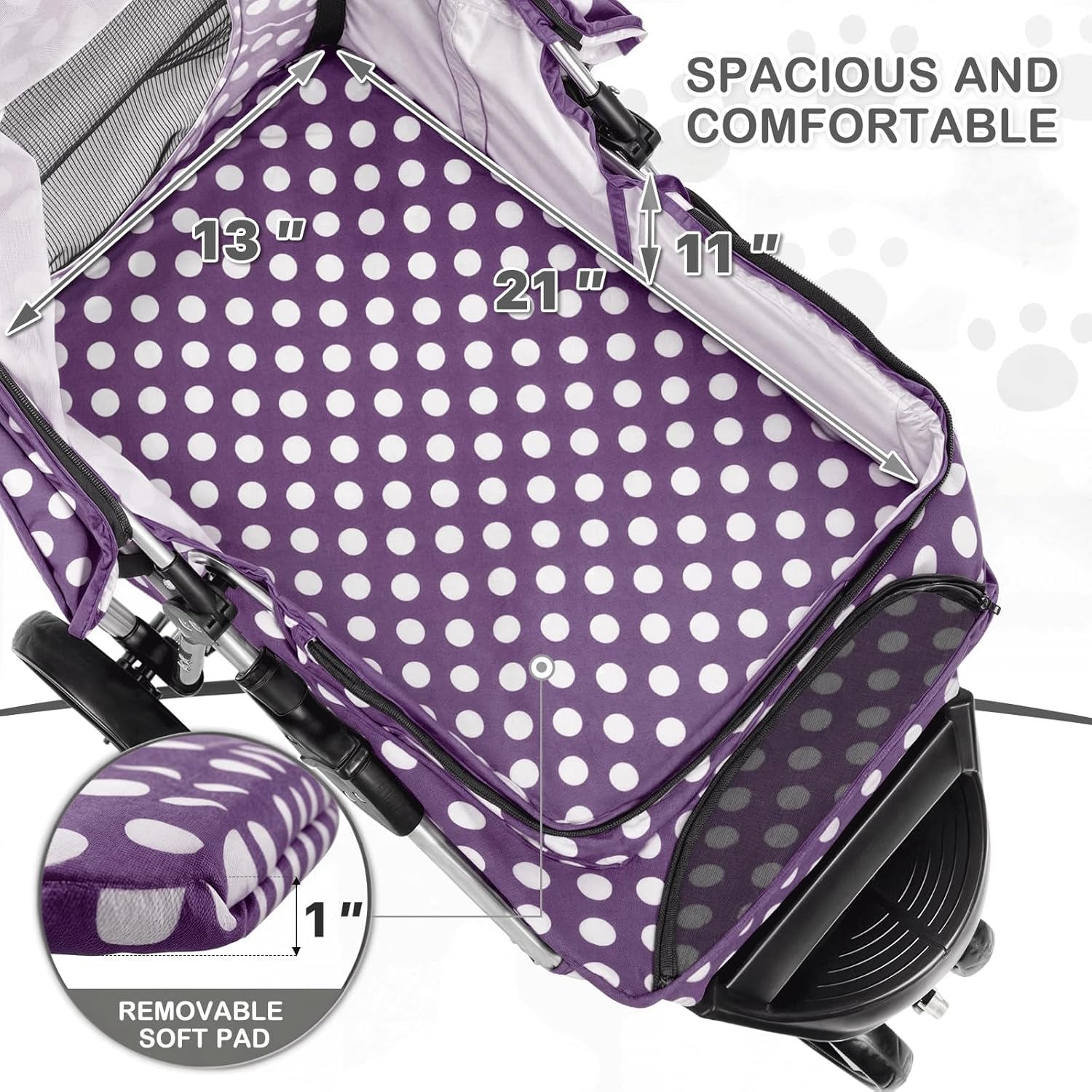 MoNiBloom 3 Wheels Pet Dog Cat Stroller for Small Medium Dogs Cats, Foldable Jogger Stroller w/Storage Basket and Cup Holder, Purple Polka Dots - Pawvie