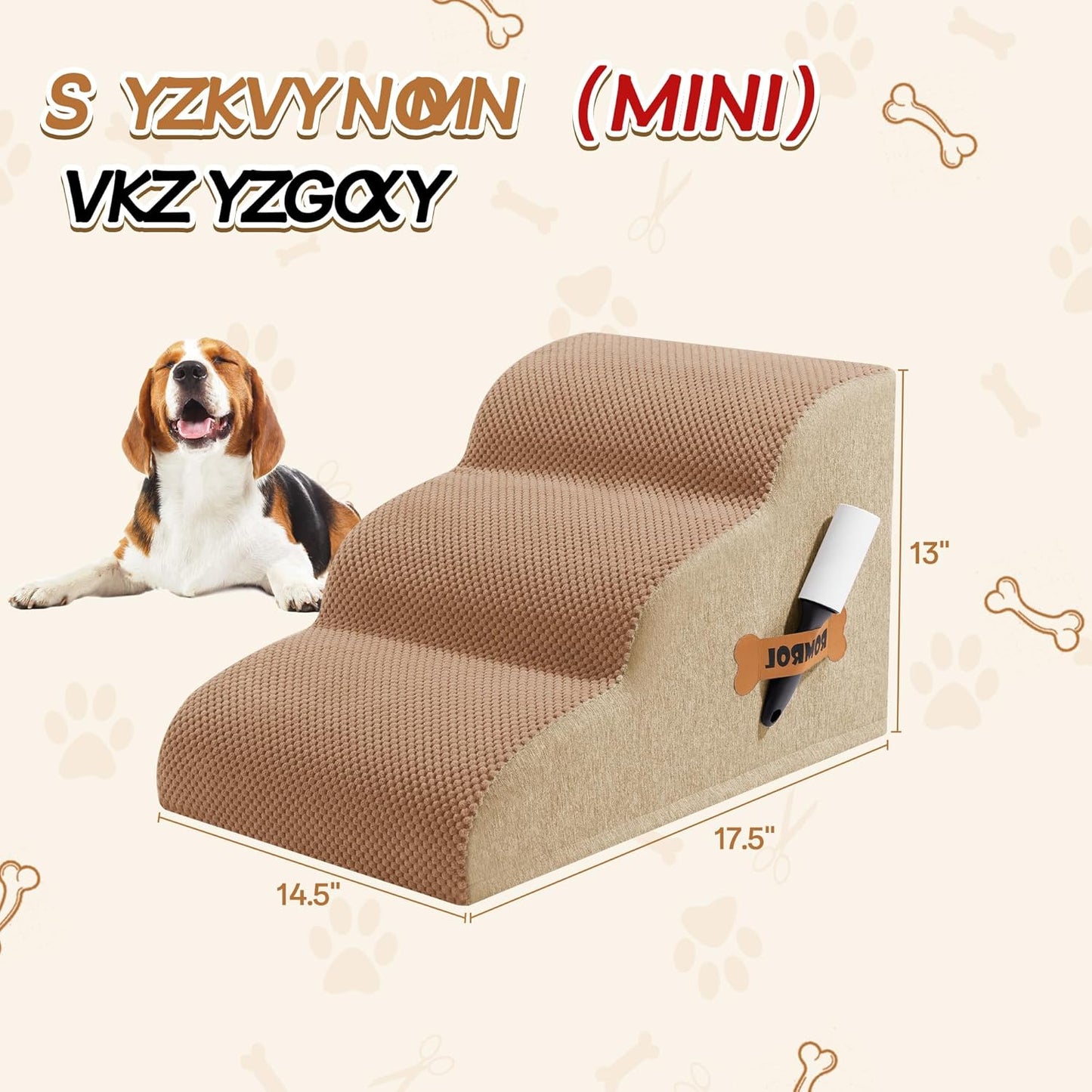 Romrol Dog Stairs Ramp for Beds Couches, Extra Wide Pet Steps with Durable Non-Slip Waterproof Fabric Cover, Dog Slope Stairs for Small Dogs and Cats or Pets Friendly, 3-Tiers, 13 Inch,Light Brown - Pawvie