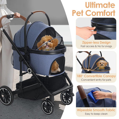Pet Stroller with 4 Wheels, 3 in 1 Folding Puppy Strollers for Small/Medium Dogs Cats up to 50lbs, Lightweight Pet Travel Carrier with Detachable Cushion, Storage Basket and Cup Holder, Blue - Pawvie