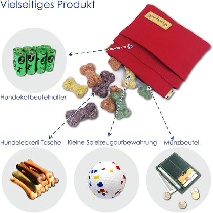 Dog Treat Pouch, Red Pocket Sized Pet Training Pouch, Cotton Fabric, Hand Free Dog Walking Bag with Carabiner, Self-Closing Pet Feed Snack Reward, for Puppy Travel or Outdoor Use