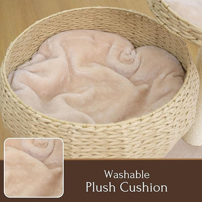 PetPals 23" High Handwoven Recycled Paper Rope Baskets Bed and Perch, Sisal Scratching Post, Playful Teaser Toy, Washable Cushion, for Indoor Cats (Beige)