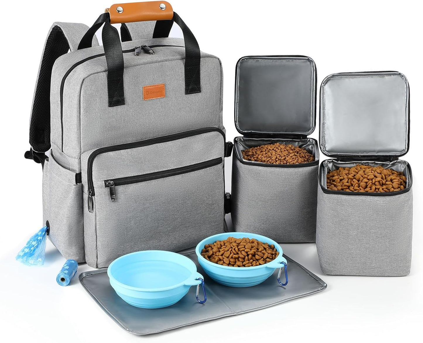 Dog Travel Bag, 25L Airline Approved Dog Travel Backpack for Pet Travel Accessories with 2 Food Storage Containers, 2 Foldable Bowls for Short Trips, Grey - Pawvie