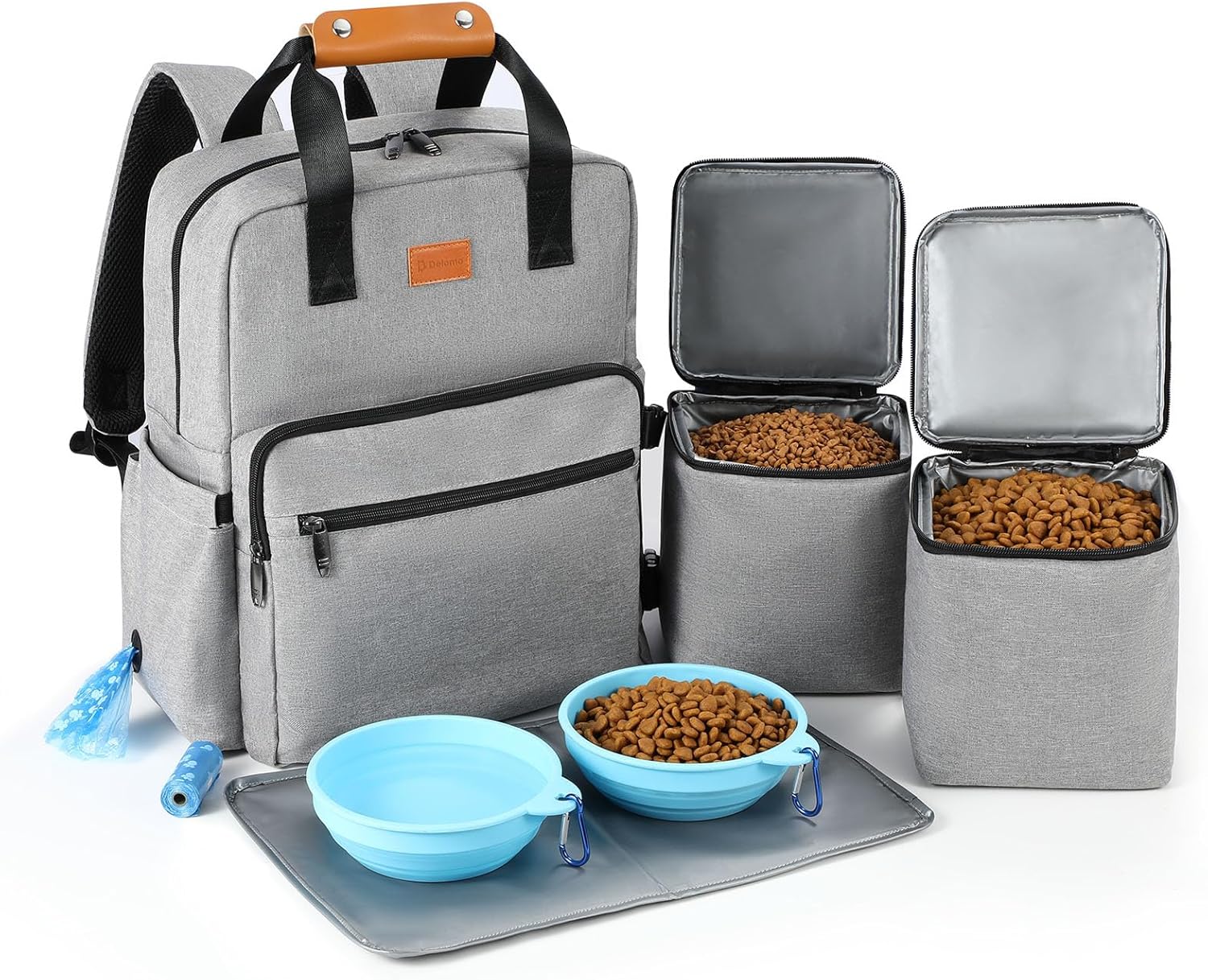 Dog Travel Bag, 25L Airline Approved Dog Travel Backpack for Pet Travel Accessories with 2 Food Storage Containers, 2 Foldable Bowls for Short Trips, Grey - Pawvie
