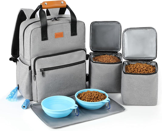 Dog Travel Bag, 25L Airline Approved Dog Travel Backpack for Pet Travel Accessories with 2 Food Storage Containers, 2 Foldable Bowls for Short Trips, Grey - Pawvie