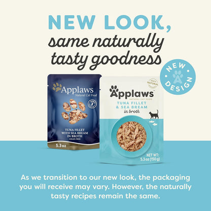 Applaws Natural Wet Cat Food in Broth, Limited Ingredient Wet Cat Food Pouches, No Additives, Made with Natural Ingredients, Tuna Fillet with Seabream in Broth (12 x 5.3oz Pouches)