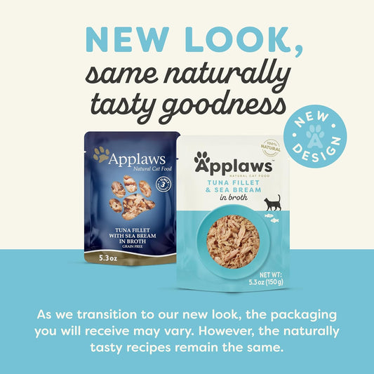 Applaws Natural Wet Cat Food in Broth, Limited Ingredient Wet Cat Food Pouches, No Additives, Made with Natural Ingredients, Tuna Fillet with Seabream in Broth (12 x 5.3oz Pouches)