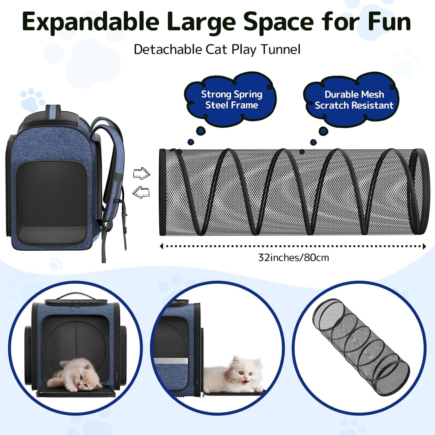 Pawtners Cat Carrier Backpacks Expandable Pet Backpack with Breathable Mesh, Pet Carrier Backpack for Cats Small Dogs Puppies Up to 18 Lbs, Dog Carrier Backpack for Travel Hiking Camping Outdoor Blue - Pawvie