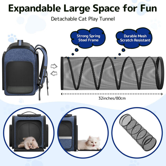 Pawtners Cat Carrier Backpacks Expandable Pet Backpack with Breathable Mesh, Pet Carrier Backpack for Cats Small Dogs Puppies Up to 18 Lbs, Dog Carrier Backpack for Travel Hiking Camping Outdoor Blue - Pawvie
