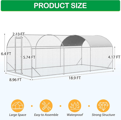 Large Metal Chicken Coop, Walk-in Chicken Run Pen with Waterproof Cover, Dome Roof Poultry Cage for Outdoor, Backyard, Farm (8.96'Wx18.9'Lx6.4'H)