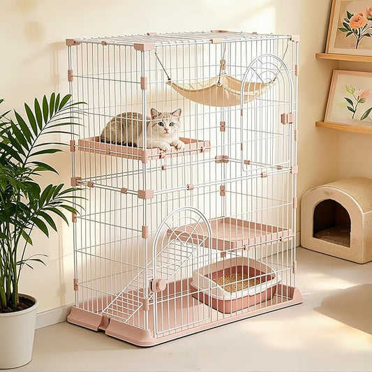 Cat Cage 2-Tier Indoor Cat Enclosure with Widen Bottom Buckle & Reinforced Locking Clamps DlY Cat Playpen for 1-2 Cats & Small Pets,33" Lx 24" W X 43" H (Pink, Two-Tier43)