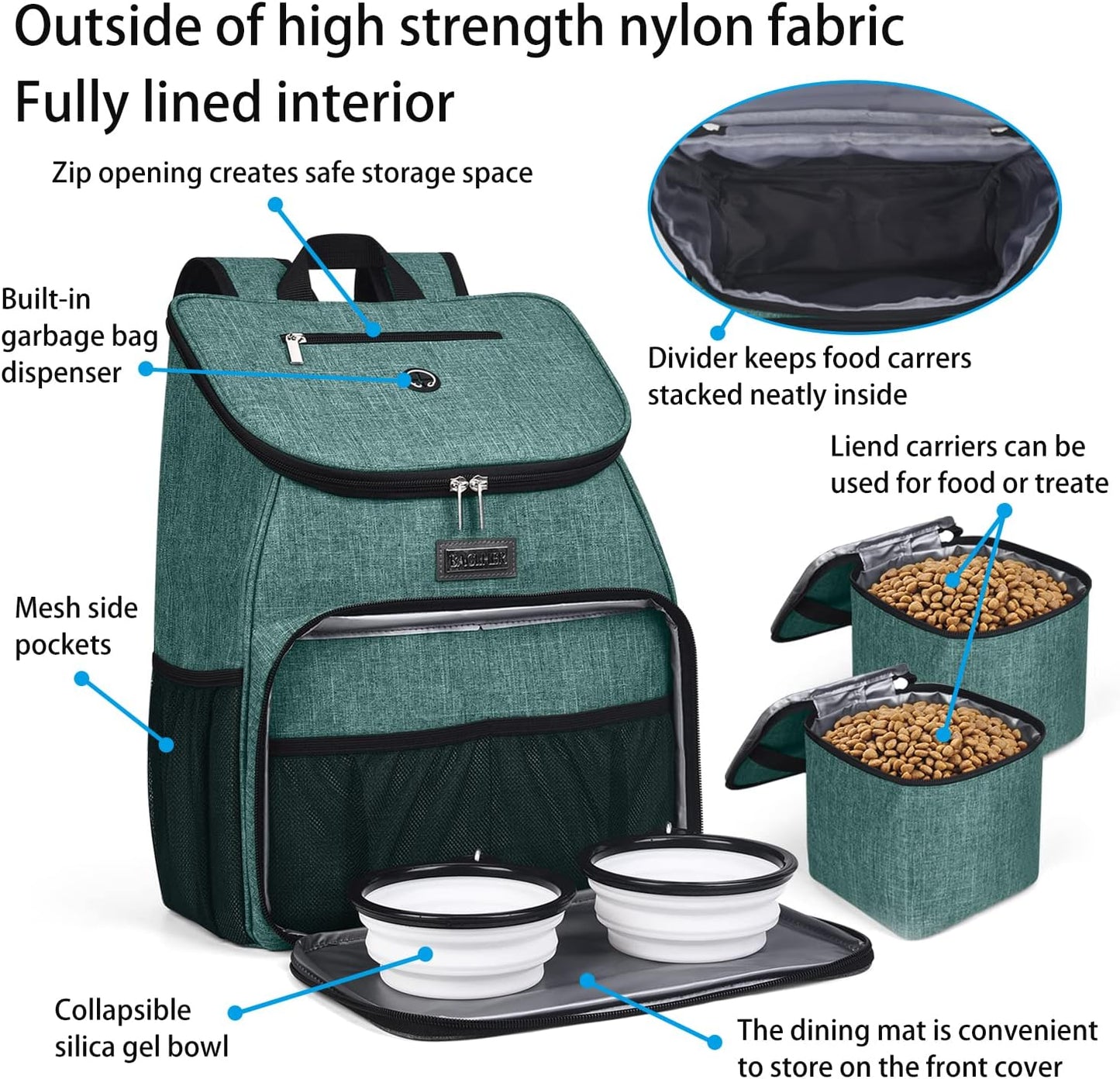 BAGLHER丨Dog Travel Bag, Airline Approved Pet Supplies Backpack, Dog Travel Backpack Accessories Set with 2 Silicone Collapsible Bowls and 2 Food Baskets. Green - Pawvie