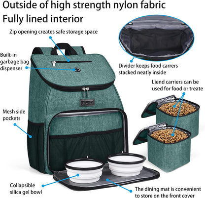 BAGLHER丨Dog Travel Bag, Airline Approved Pet Supplies Backpack, Dog Travel Backpack Accessories Set with 2 Silicone Collapsible Bowls and 2 Food Baskets. Green - Pawvie