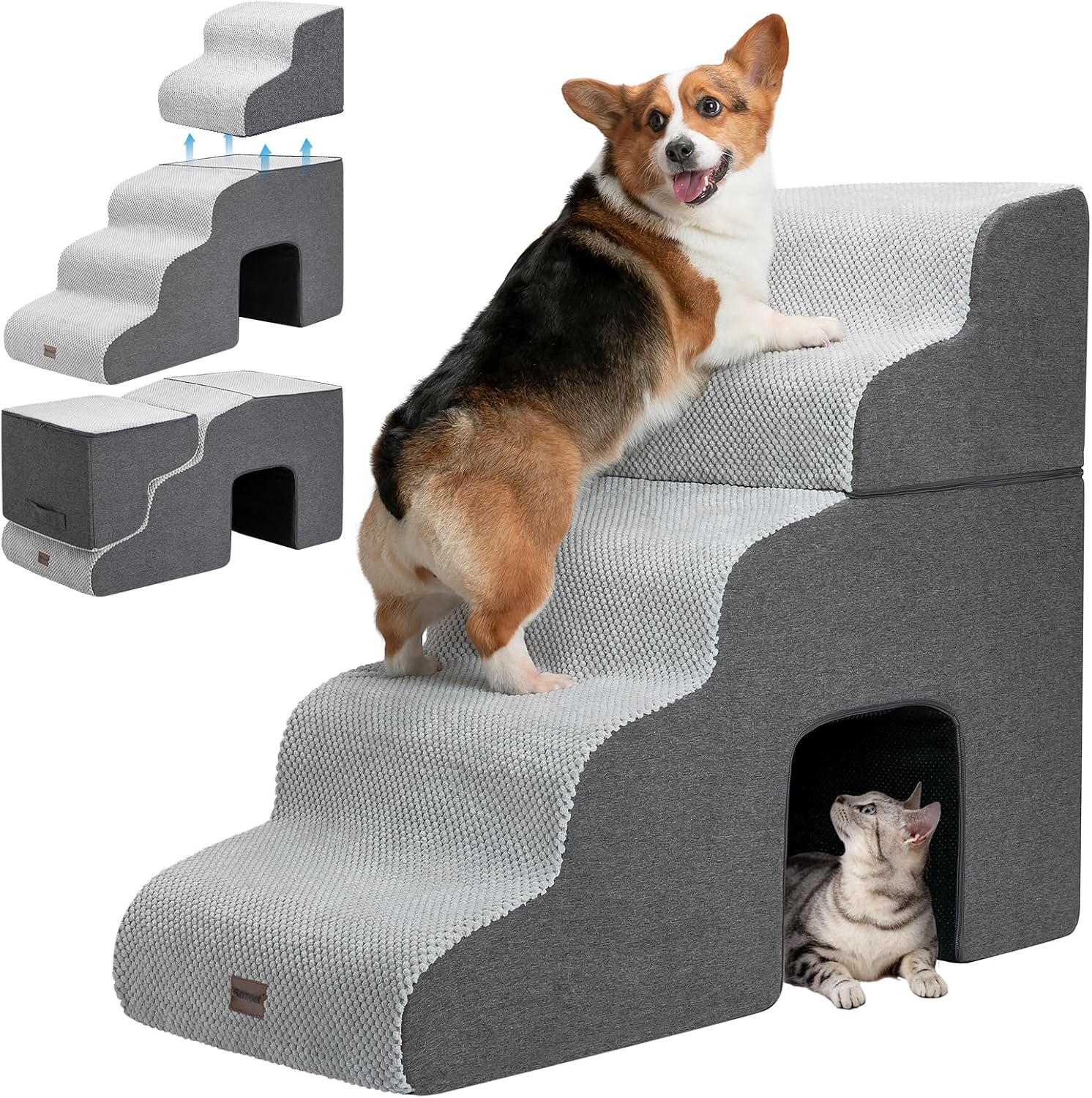 Dog Stairs for High Beds with Tunnel, 5-Step Dog Steps for Small Dogs and Cats, Foldable Pet Stairs for High Bed Climbing, Non-Slip Balanced Pet Step Indoor, Light Grey - Pawvie