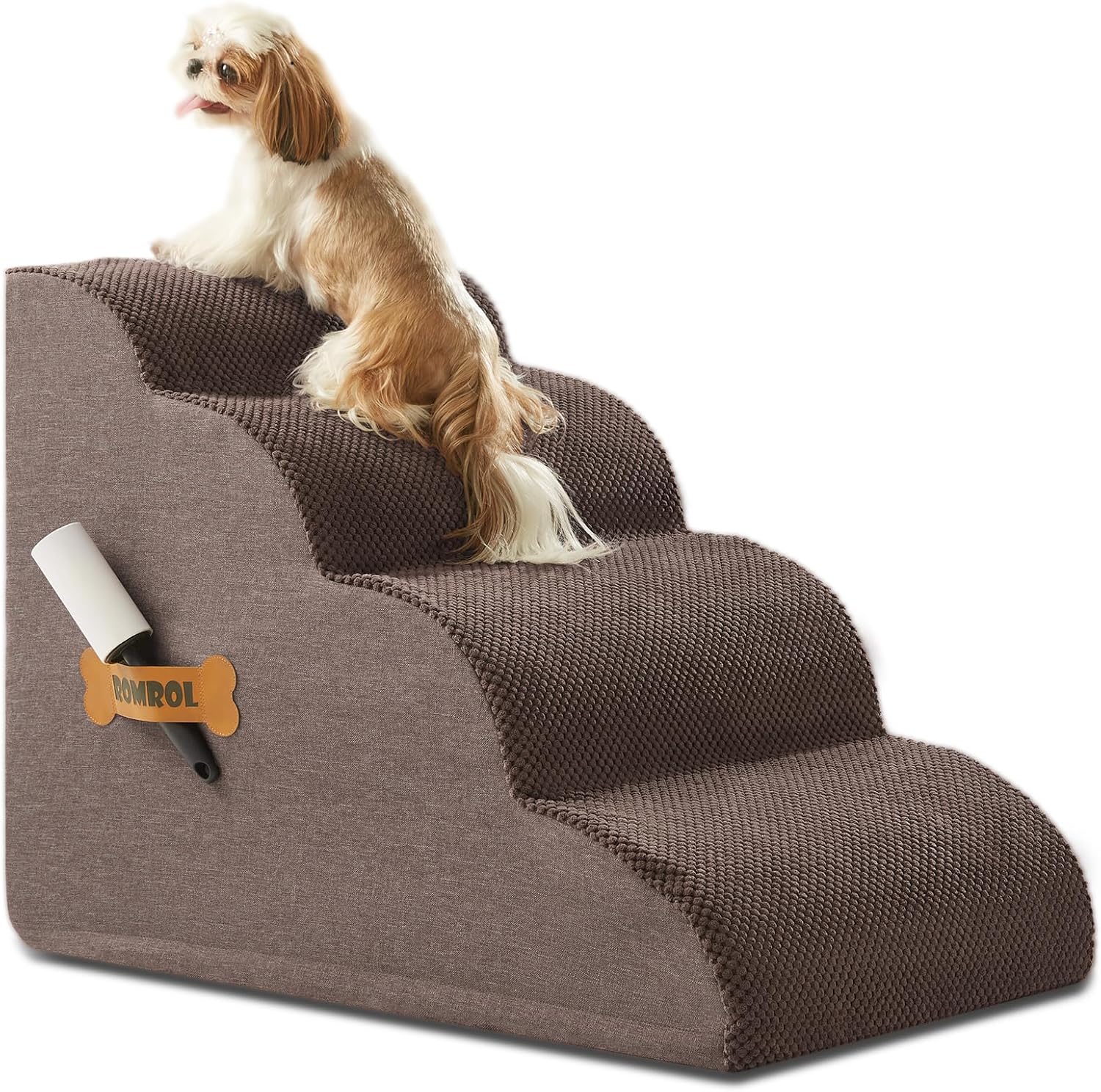 ROMROL Dog Stairs, Romrol Dog Steps Ramp for High Bed and Couch, Dog Ramp with Durable Non-Slip Waterproof Fabric Cover, Pet Stairs for Small Dogs and Cats or Pets Joints, 4-Tiers,Coffee - Pawvie