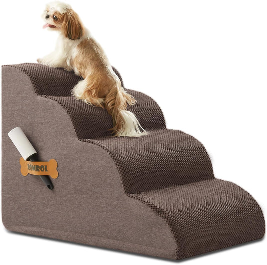 ROMROL Dog Stairs, Romrol Dog Steps Ramp for High Bed and Couch, Dog Ramp with Durable Non-Slip Waterproof Fabric Cover, Pet Stairs for Small Dogs and Cats or Pets Joints, 4-Tiers,Coffee - Pawvie