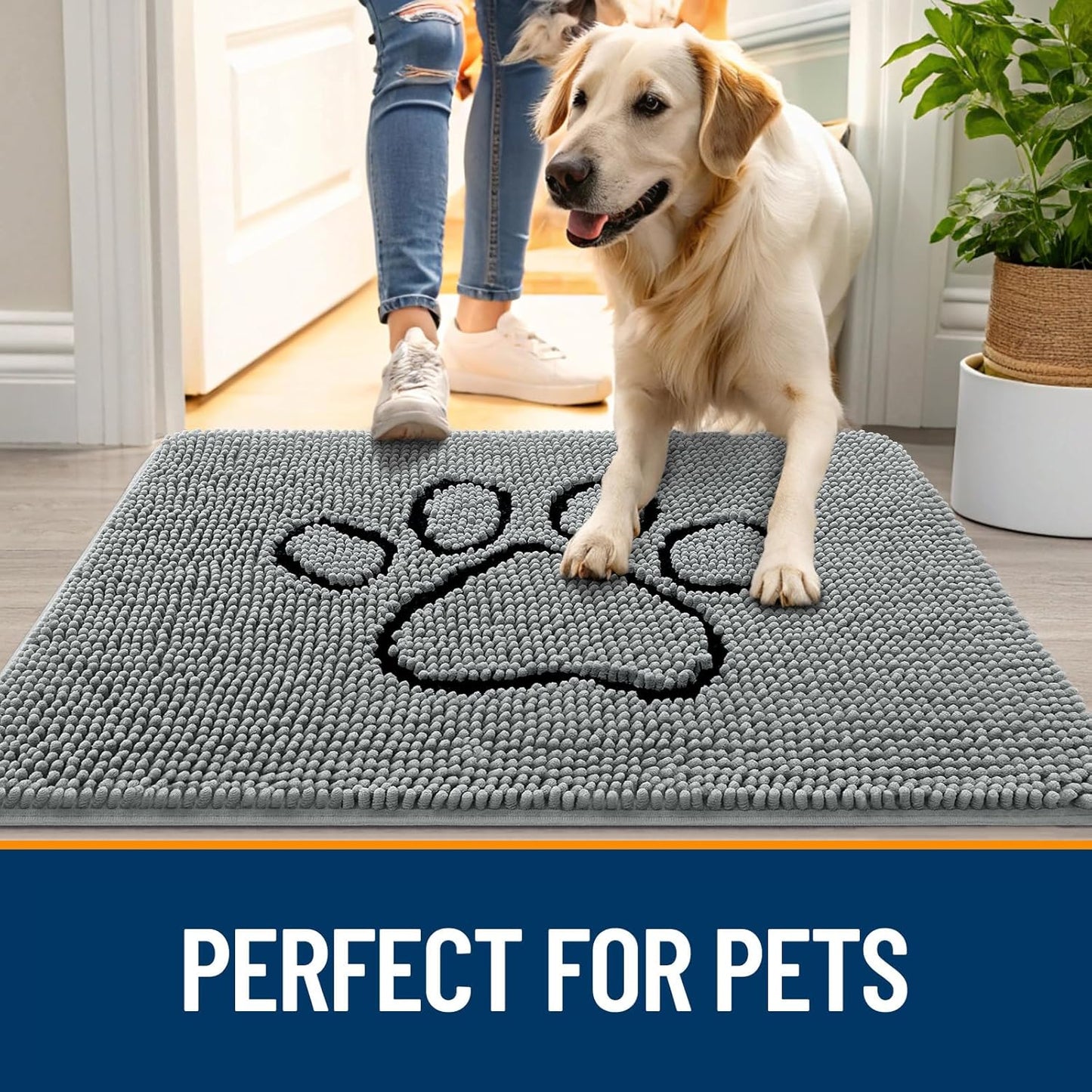 OLANLY Door Mat for Muddy Dog Paws 44x32, Ultra Absorbent Chenille Mud Doormat with Paw Print Design, Non-Slip Washable Doormat for Indoor Entryway, Quick-Dry Pet Bed Mats for Dirty Dogs, Grey
