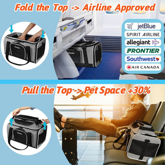 Petskd Top-Expandable Pet Carrier 17x12x8.5 Inches JetBlue Allegiant Spirit Airline Approved, Soft-Sided Carrier for Small Cats and Dogs with Locking Safety Zippers and Anti-Scratch Mesh(Grey)