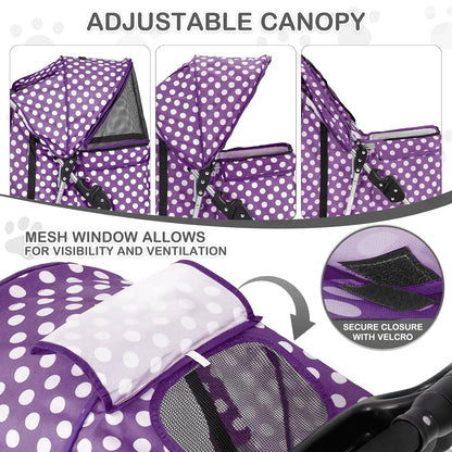 MoNiBloom 3 Wheels Pet Dog Cat Stroller for Small Medium Dogs Cats, Foldable Jogger Stroller w/Storage Basket and Cup Holder, Purple Polka Dots - Pawvie