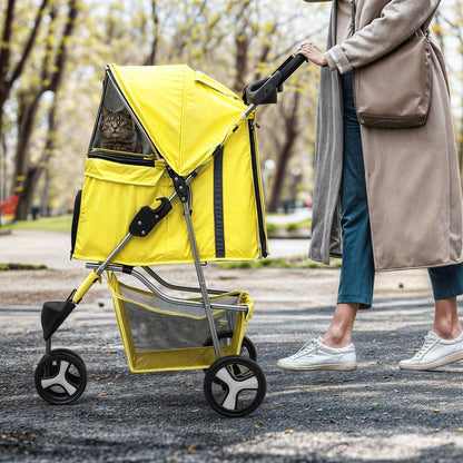 MoNiBloom Foldable Pet Stroller with Waterproof Cover, 3-Wheels Dog Strolling Cart for Small/Medium Dogs and Cats with Storage Basket and Cup Holder, Breathable and Visible Mesh for All-Season, Yellow - Pawvie