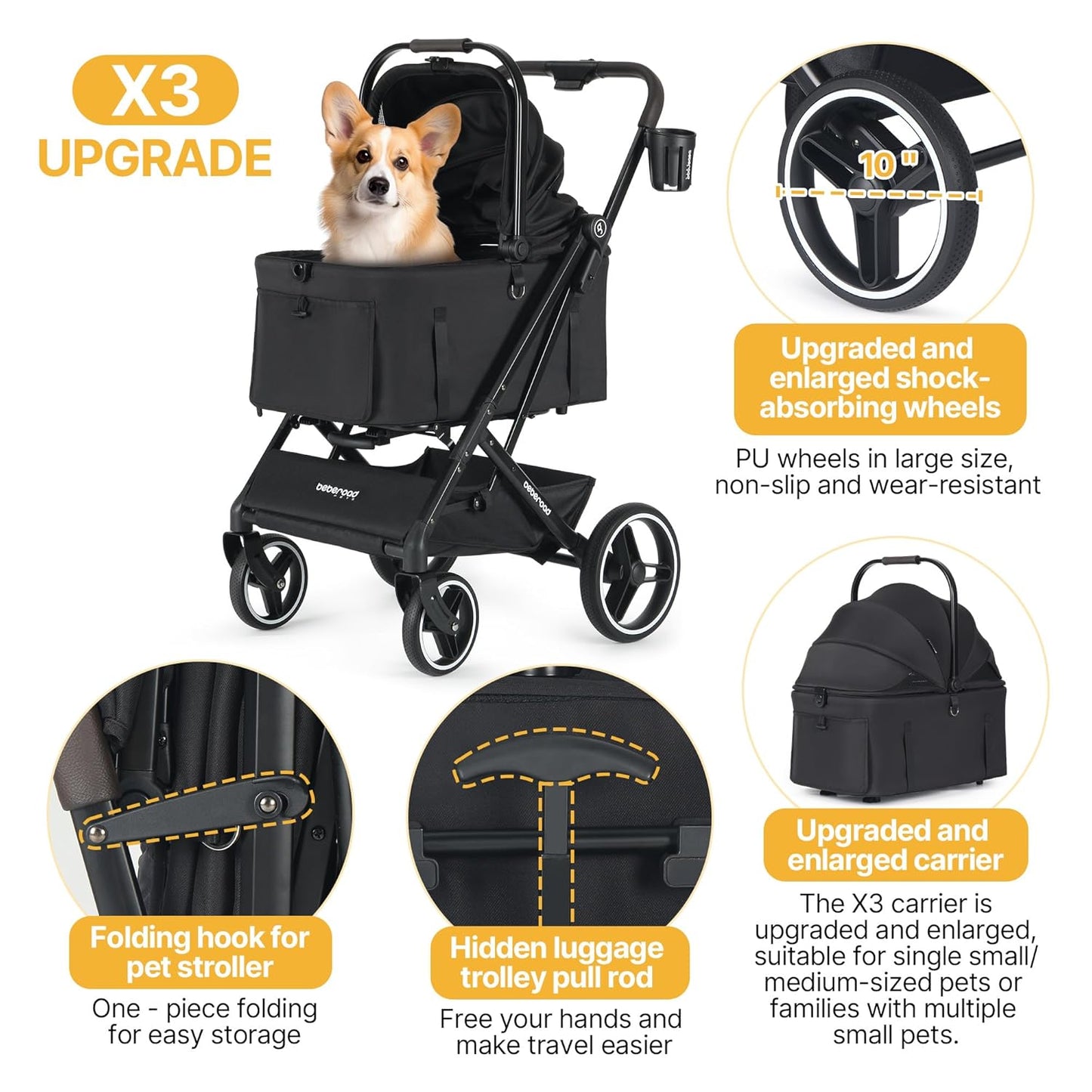 X3 2 in 1 Pet Stroller for Medium or Two Small Dogs & Cats 4 Wheels Lightweight Foldable Carrier Dog Stroller with Waterproof Weather Cover Cup Holder,Storage Basket(Black) - Pawvie