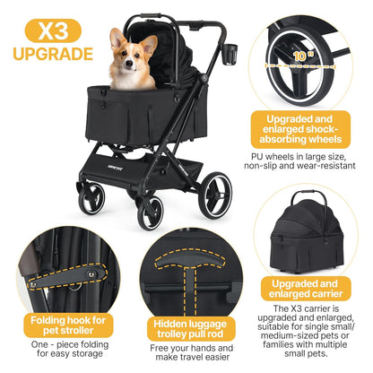 X3 2 in 1 Pet Stroller for Medium or Two Small Dogs & Cats 4 Wheels Lightweight Foldable Carrier Dog Stroller with Waterproof Weather Cover Cup Holder,Storage Basket(Black) - Pawvie