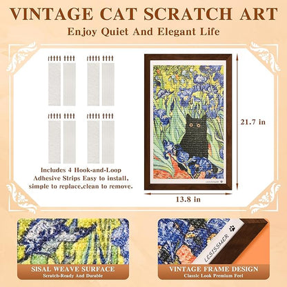 Wall Art Cat Scratcher Sisal Mat, No-Drill Wall Mounted Cat Scratch Pad with Frame, 13.8 x 21.7 Inch Cat Wall Scratchers for Indoor Cats（Irises）
