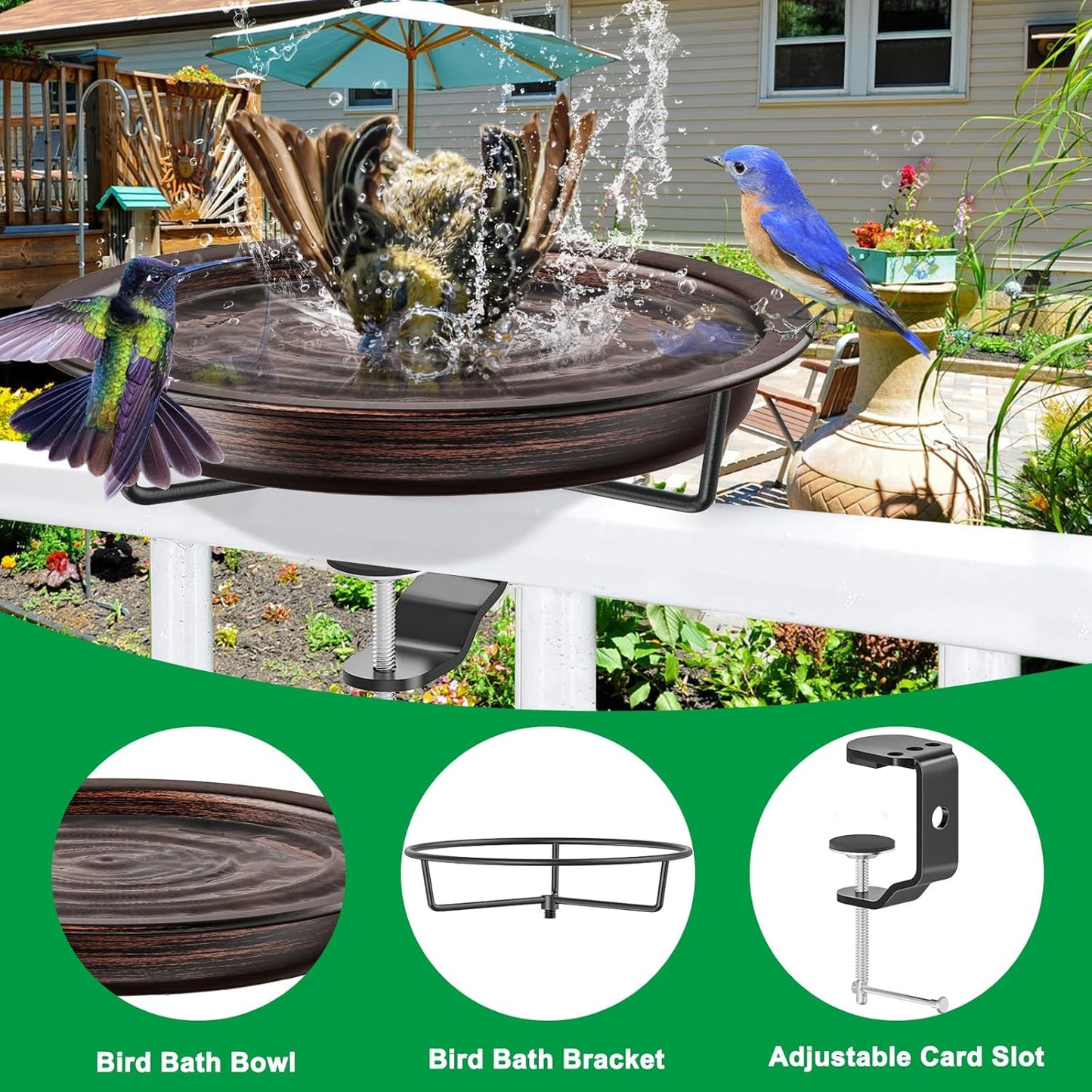 Deck Mounted Bird Bath for Outside, Detachable Birdbath Bowl with Sturdy Clamp, Outdoor Bird Baths Bowl for Attracting Birds Garden Yard Decor (Brown)