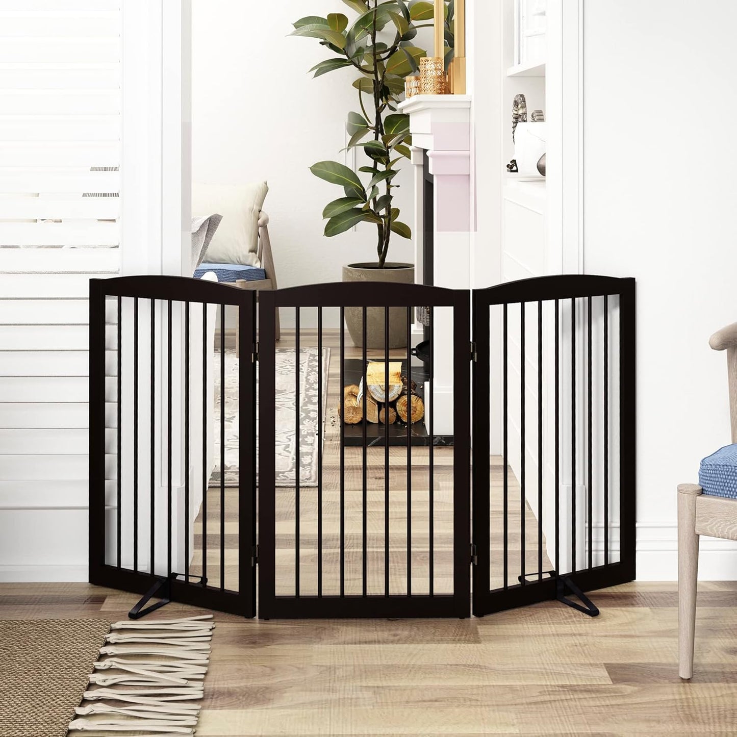 Freestanding Pet Gate for Dogs, Foldable Wooden Dog Gate for House Indoor, Tall Pet Fence for Stair, Doorway,Hall, Support Feet Included, 3 Panels 32",Brown