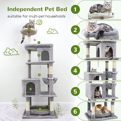 Globlazer Heavy Duty Cat Trees for Large Cats, Sturdy 72in Maine Coon Cat Tree for Large Cats 20 lbs+ Heavy Duty Cat Tower for Adult Biggest Cat with 6 Scratching Posts, Hammock, S72, Light Grey