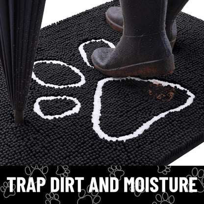 Smiry Dog Door Mat for Muddy Paws, Absorbent Dirt Trapper Non Slip Quick Dry Washable Chenille Mat for Mud Dogs, Entry Rug for Indoor and Outdoor (36x24 Inches, Black)