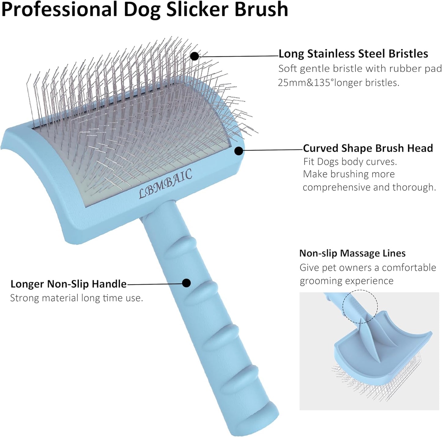Slicker Brush for Poodles and Goldendoodles - Curved Brush for Thick, Fluffy, Shedding Fur on Dogs and Cats - Soft, Gentle Pins for Grooming (Blue)