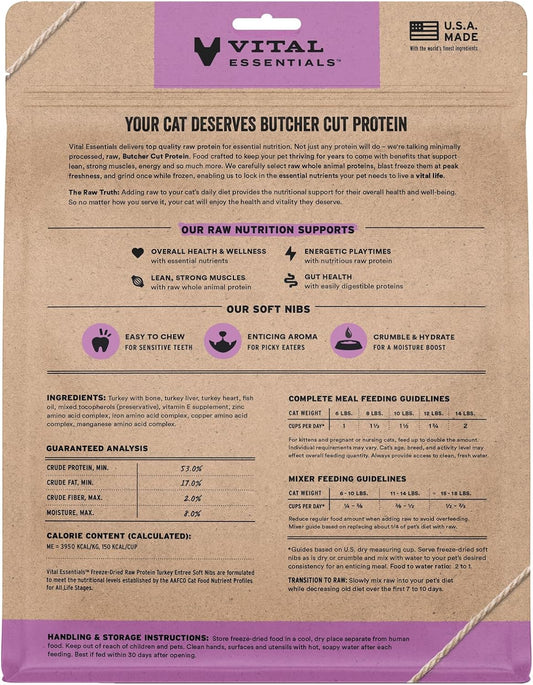 Vital Essentials Freeze-Dried Raw Turkey Meal or Mixer Cat Food Soft Nibs | 99% Turkey, Organs & Bone | 12 oz