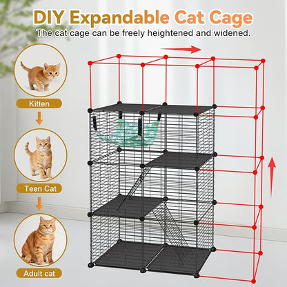 Cat Cage, 3-Tier DIY Catio Cat Enclosures, 24" x 16" x 36" Cat Playpen Indoor & Outdoor with Hammock, Detachable Metal Wire Kennel Cats Crate, 2x1x3 Exercise Place for 1-2 Kitten