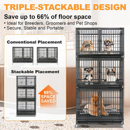Homey Pet 43 Inch Stackable Heavy Duty Dog Crate Cage Kennel with Lockable Wheels, Removable Tray & Grid, Divider, Feeding Bowls, Escape Proof Drop Cage Bank for Small Medium Large Sized Dogs(3 Tiers)