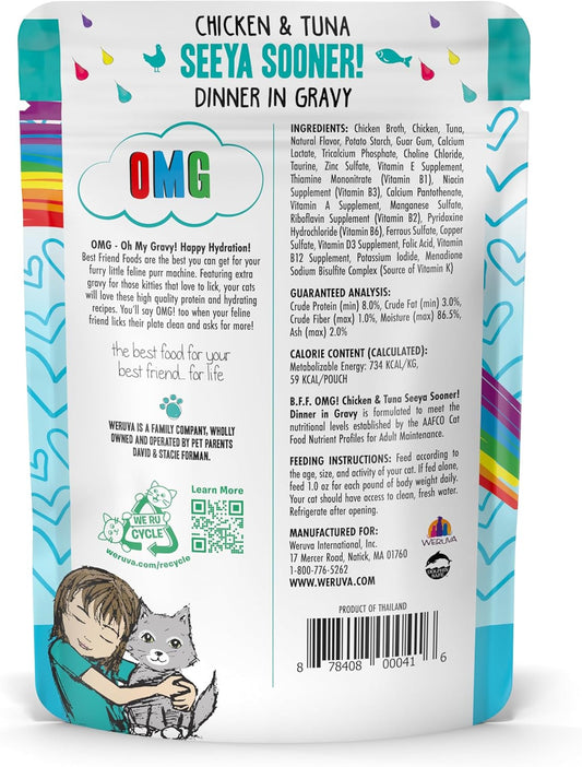 Weruva B.F.F. OMG - Best Feline Friend Oh My Gravy!, Seeya Sooner! with Chicken & Tuna in Gravy Cat Food, 2.8oz Pouch (Pack of 12)