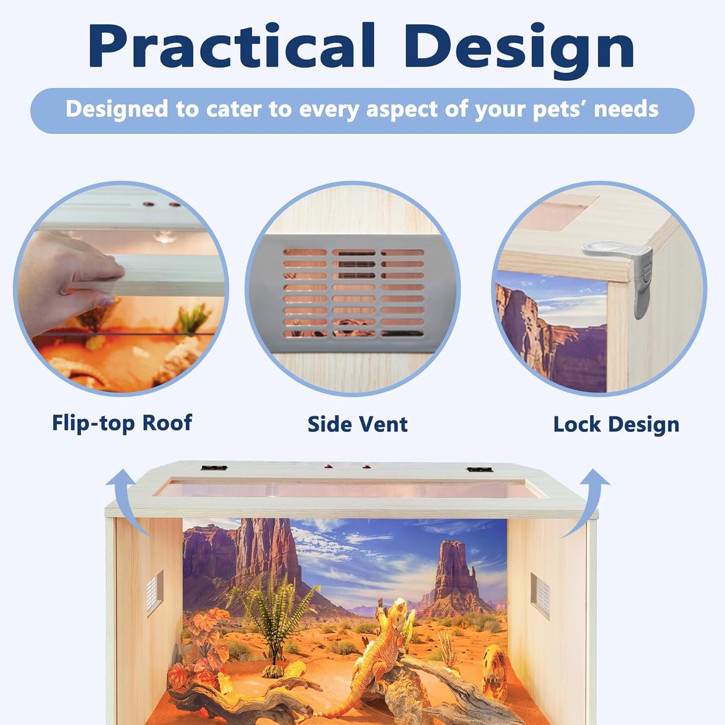 Prolee Reptile Terrarium, Lizard Tank Up to 68 Gallons, Bearded Dragon Tank with Roof Door, Snake Tank with Built-in Lamp Fixture and Switch (21 Gallon, 24" Long, Openable Wood Roof)