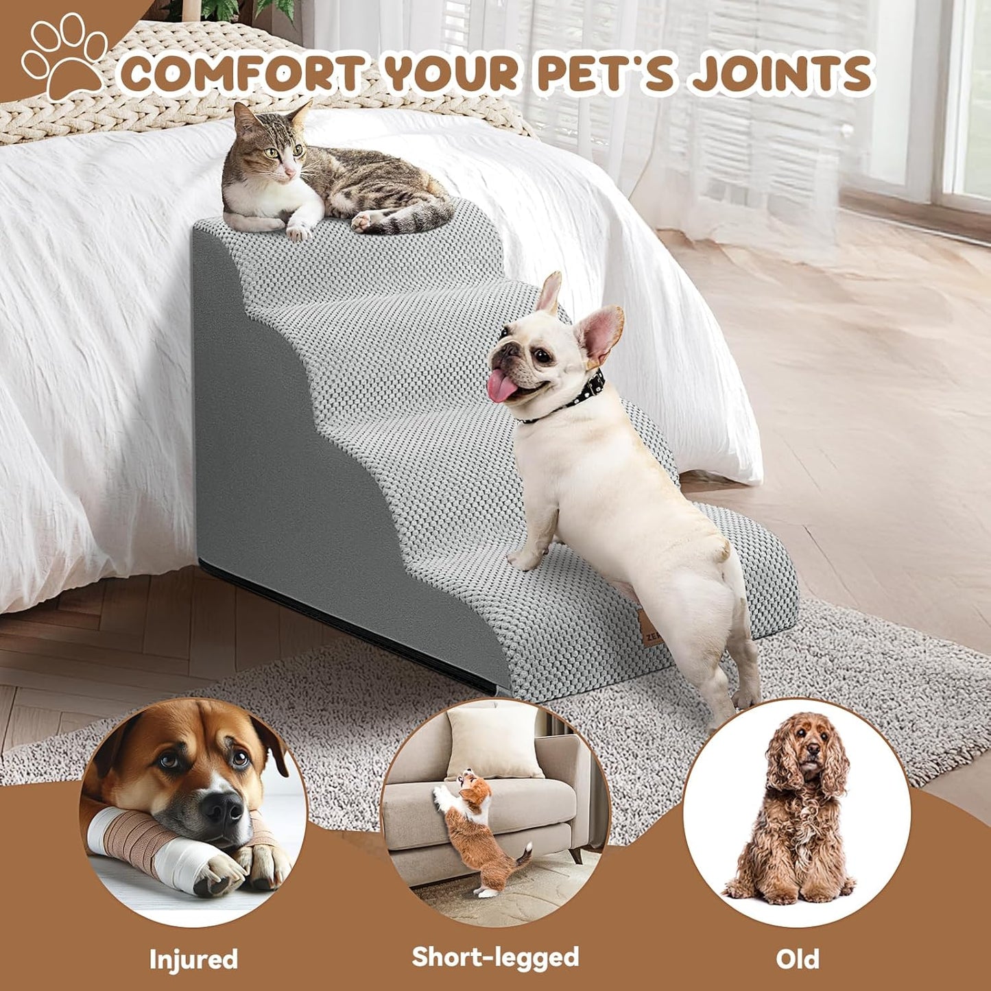 Dog Ramp and Stair for Bed 16" H-20 H,3-Step Cat Stair for Sofa and Chair,4-Step Dog Ramp for High Bed and Window,Durable Nonslip Fabric Cover for Indoor (Light Grey-20 H, Pet Friendly, 4) - Pawvie