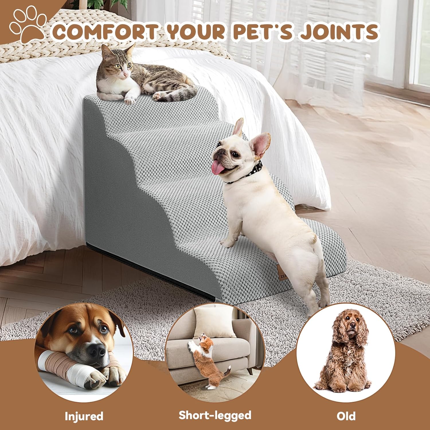 Dog Ramp and Stair for Bed 16" H-20 H,3-Step Cat Stair for Sofa and Chair,4-Step Dog Ramp for High Bed and Window,Durable Nonslip Fabric Cover for Indoor (Light Grey-20 H, Pet Friendly, 4) - Pawvie