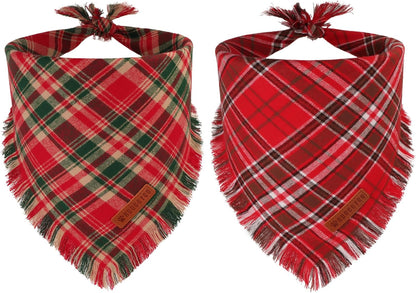 ADOGGYGO Christmas Dog Bandanas with Tassels Edges, Stylish Red Plaid Xmas Scarf, Multiple Sizes, Christmas Bandanas for Small Dogs (Small)