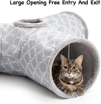 Tempcore Pet Cat Tunnel Tube Cat Toys 3 Way Collapsible, Cat Tunnels for Indoor Cats Fleece-Lined in for Warmth，Kitty Tunnel Bored Pet Toys Peek Hole Toy Ball Cat, Puppy, Kitten, Geometry Grey