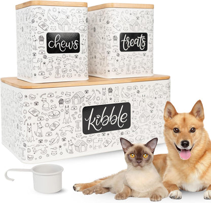 A&N Essentials 3-Piece Pet Food Storage Container Set – Airtight Galvanized Steel with Bamboo Lids – Holds Up to 6 lbs Kibble & 6 Cups Treats for Dogs & Cats